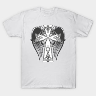 Cross in celtic style with big wings tattoo in engraving style. T-Shirt